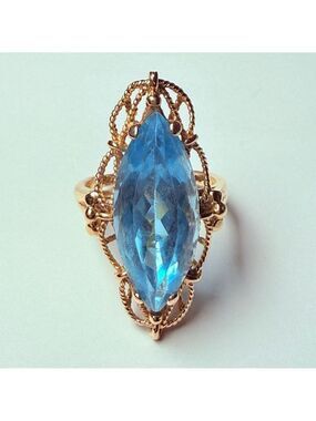 14k Solid Yellow Gold 8.9 ct Topaz Grand Marquise Filigree 1.25" Ring VTG